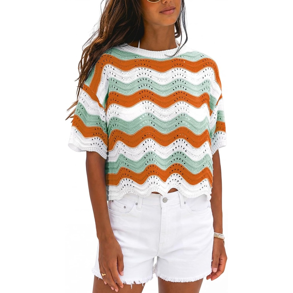 image:imageCUPSHE Womens Crochet Cover Up Top Striped Short Sleeve Beach Cover Up Top Summer Casual Tops for SwimwearOrangegreen Striped