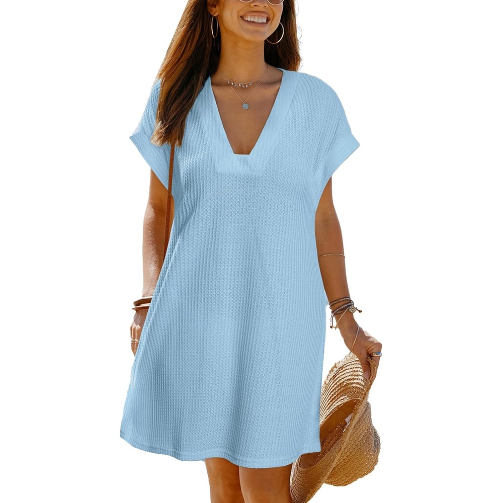 image:imageCUPSHE Womens Swimsuit Coverup Waffle Knit Short Sleeve V Neck Beach Cover Up Dresses for SwimwearBlue