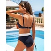 CUPSHE Women’s Bikini Set High Waisted Two Piece Swimsuit V Neck O Ring Cutout Ruched Front Bathing Suit Back Hook(Navy Blue/White)