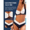 CUPSHE Women’s Bikini Set High Waisted Two Piece Swimsuit V Neck O Ring Cutout Ruched Front Bathing Suit Back Hook(Navy Blue/White)