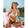CUPSHE Women’s Bikini Set Two Piece Swimsuit V Neck Textured Halter Self Tie Double Straps Color Block Low Rise(White/Green)