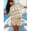 CUPSHE Women’s Crochet Cover Up Set Striped Short Sleeve Beach Cover Up 2 Piece Sets for Swimwear(Neutral Striped)
