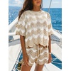 CUPSHE Women’s Crochet Cover Up Set Striped Short Sleeve Beach Cover Up 2 Piece Sets for Swimwear(Neutral Striped)