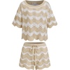 CUPSHE Women’s Crochet Cover Up Set Striped Short Sleeve Beach Cover Up 2 Piece Sets for Swimwear(Neutral Striped)