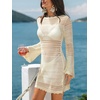 CUPSHE Womens Crochet Swimsuit Coverup Long Sleeve Hollow Out Beach Cover Up Dresses(Beige)