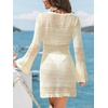 CUPSHE Womens Crochet Swimsuit Coverup Long Sleeve Hollow Out Beach Cover Up Dresses(Beige)