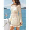CUPSHE Womens Crochet Swimsuit Coverup Long Sleeve Hollow Out Beach Cover Up Dresses(Beige)