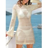 CUPSHE Womens Crochet Swimsuit Coverup Long Sleeve Hollow Out Beach Cover Up Dresses(Beige)
