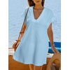 CUPSHE Womens Swimsuit Coverup Waffle Knit Short Sleeve V Neck Beach Cover Up Dresses for Swimwear(Blue)
