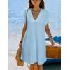 CUPSHE Womens Swimsuit Coverup Waffle Knit Short Sleeve V Neck Beach Cover Up Dresses for Swimwear(Blue)