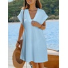 CUPSHE Womens Swimsuit Coverup Waffle Knit Short Sleeve V Neck Beach Cover Up Dresses for Swimwear(Blue)