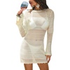 CUPSHE Womens Crochet Swimsuit Coverup Long Sleeve Hollow Out Beach Cover Up Dresses(Beige)