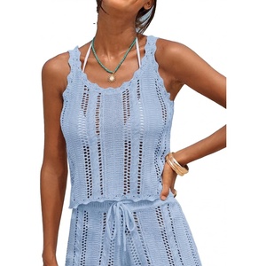 CUPSHE Women Crochet Coverup Tops Sleeveless Scalloped Cropped Beach Coverup Top(Blue)