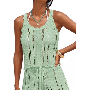CUPSHE Women Crochet Coverup Tops Sleeveless Scalloped Cropped Beach Coverup Top(Green)
