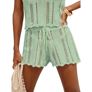 CUPSHE Women Crochet Swimsuit Cover Ups Shorts Drawstring Hollow Out Beach Coverup Shorts(Green)