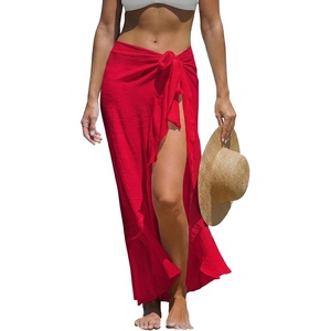 CUPSHE Women Sarong Coverups Chiffon Ruffle Self Tie Sarong Wraps Skirt Beach Sarongs for Swimwear(Red)