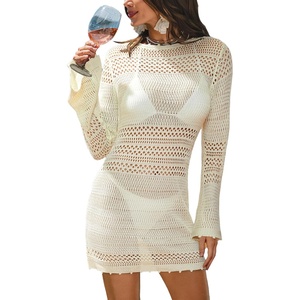 CUPSHE Womens Crochet Swimsuit Coverup Long Sleeve Hollow Out Beach Cover Up Dresses(Beige)