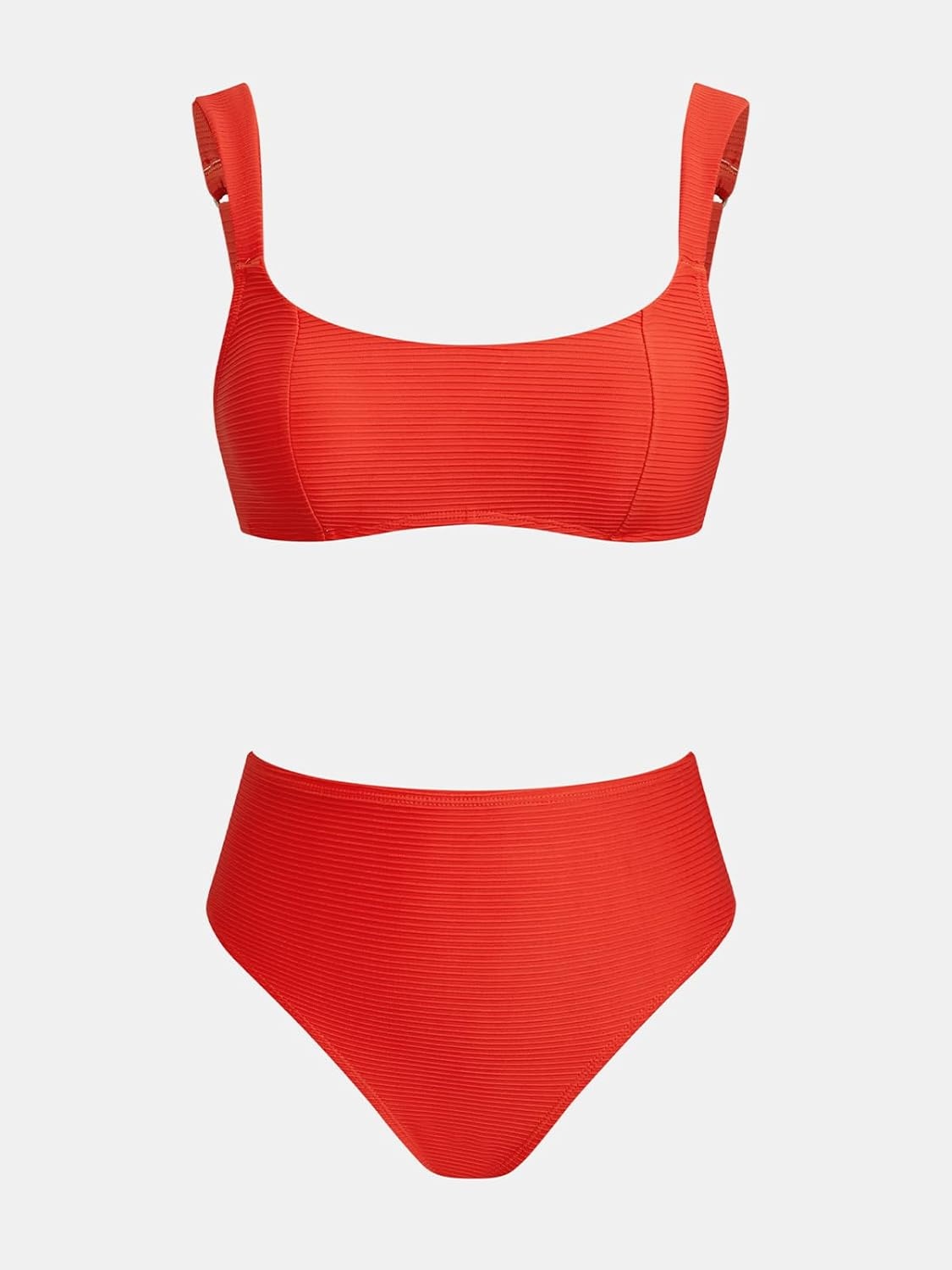 image:imageCUPSHE Two Piece Swimsuit for Women Bikini Set High Waist Scoop Neck Adjustable Straps Textured Bathing SuitsOrange Red