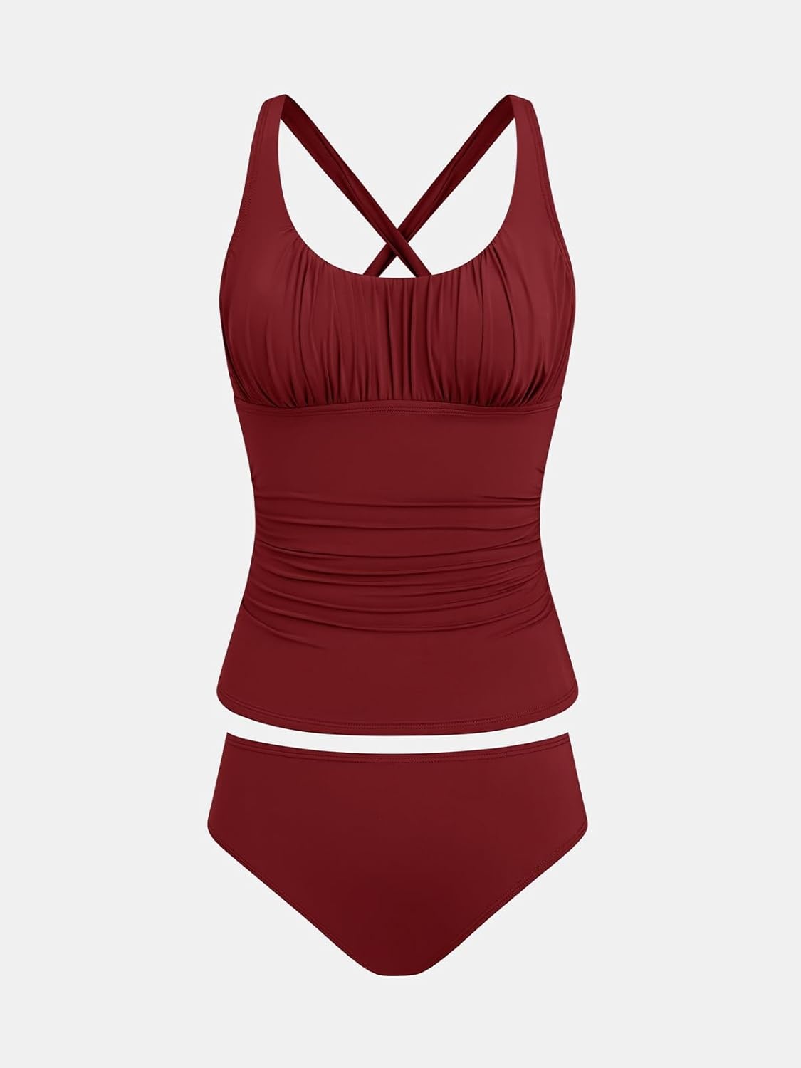 image:imageCUPSHE Women Tankini Set Two Piece Swimsuit Mid Rise Scoop Neck Ruched Back Cross Tie SwimwearBrick Red