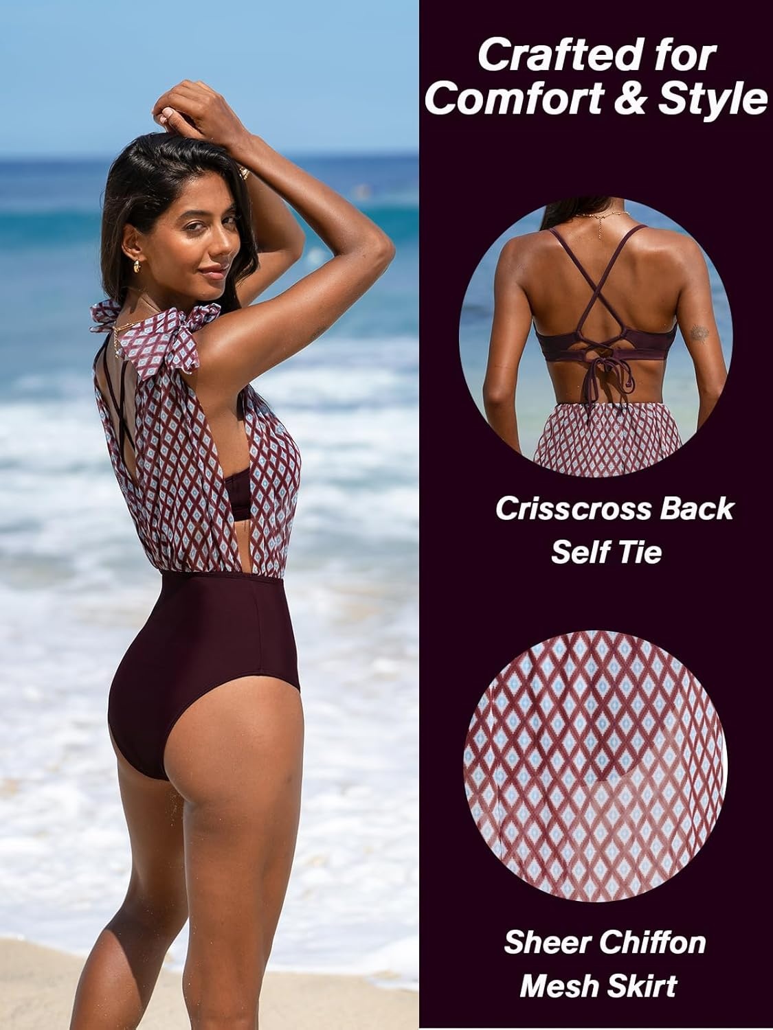 image:imageCUPSHE Womens Bikini Set High Waisted Tummy Control Swimsuit Modest Full Coverage Bathing Suit Crisscross Self TiePurple Red