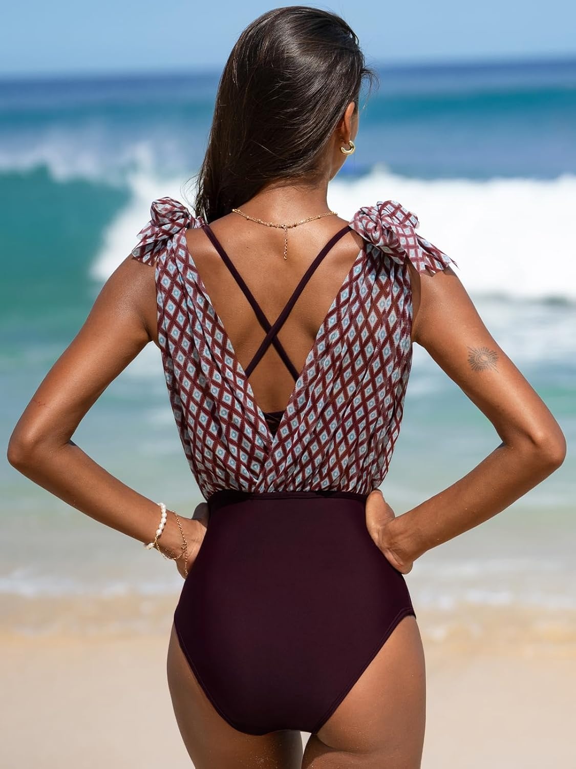 image:imageCUPSHE Womens Bikini Set High Waisted Tummy Control Swimsuit Modest Full Coverage Bathing Suit Crisscross Self TiePurple Red