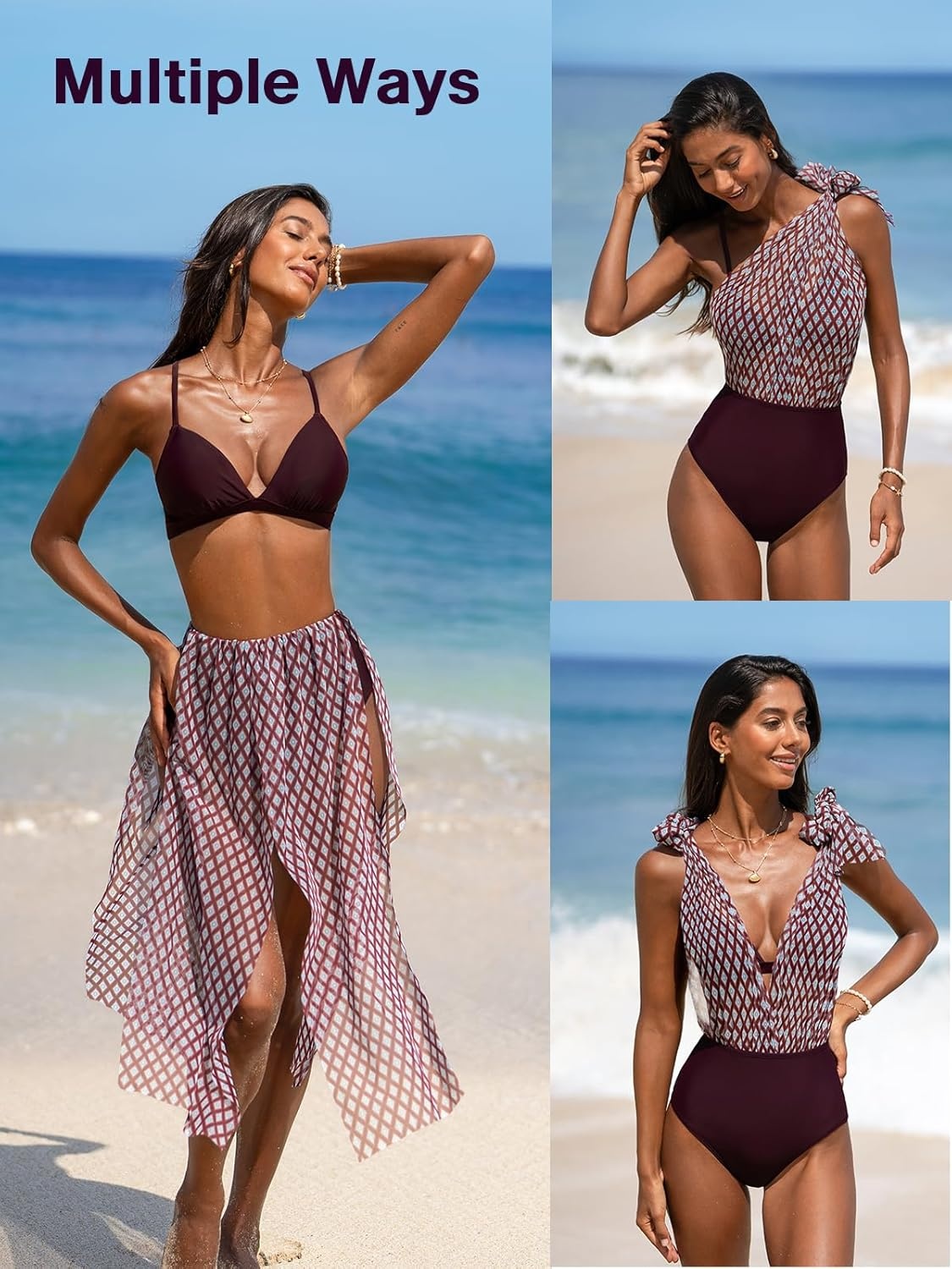 image:imageCUPSHE Womens Bikini Set High Waisted Tummy Control Swimsuit Modest Full Coverage Bathing Suit Crisscross Self TiePurple Red