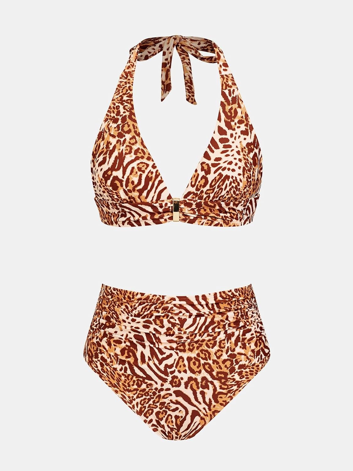 image:imageCUPSHE Womens Bikini Set High Waisted Tummy Control Two Piece Swimsuit Halter Full Coverage Bathing Suit Self TieBrownLeopard