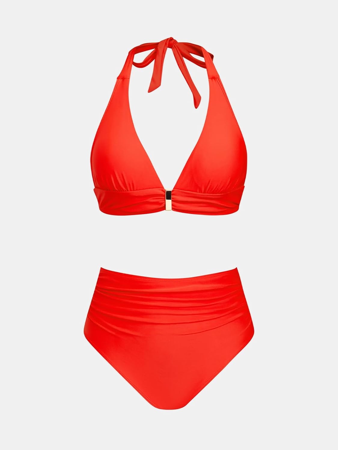 image:imageCUPSHE Womens Bikini Set High Waisted Tummy Control Two Piece Swimsuit Halter Full Coverage Bathing Suit Self TieRed