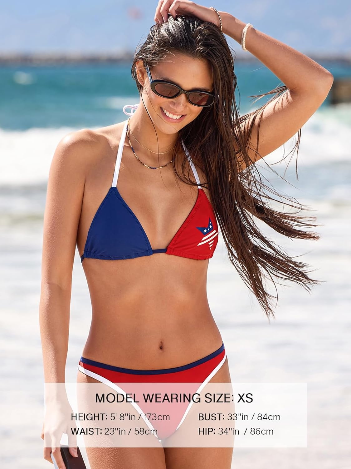 image:imageCUPSHE Womens Bikini Sets Two Piece Swimsuit Sexy String Tie Bathing Suit Halter Neck Cheeky Bottom Color BlockRedWhiteBlue