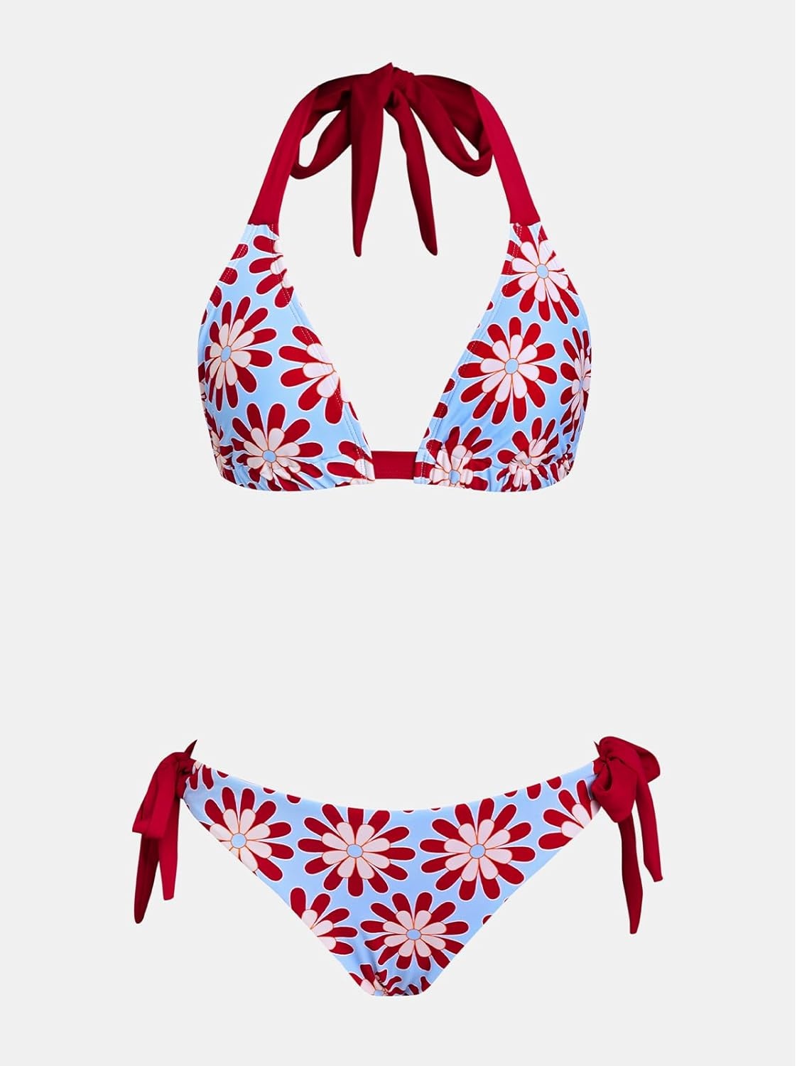 image:imageCUPSHE Womens Bikini Sets Two Piece Swimsuit V Neck Reversible Bottom Halter Self Tie Back HookBlueRed Floral