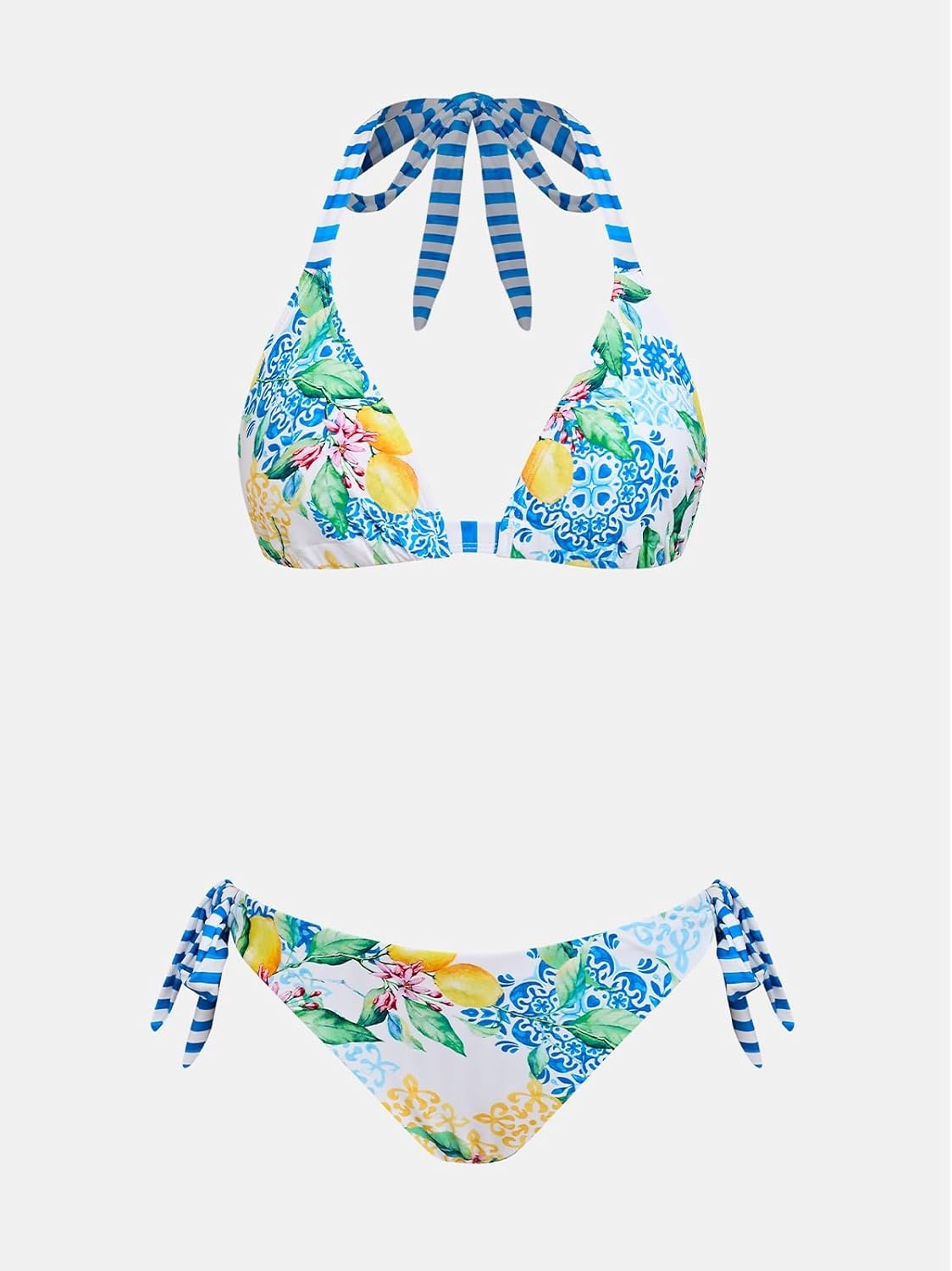 image:imageCUPSHE Womens Bikini Sets Two Piece Swimsuit V Neck Reversible Bottom Halter Self Tie Back HookWhiteBlueFruit