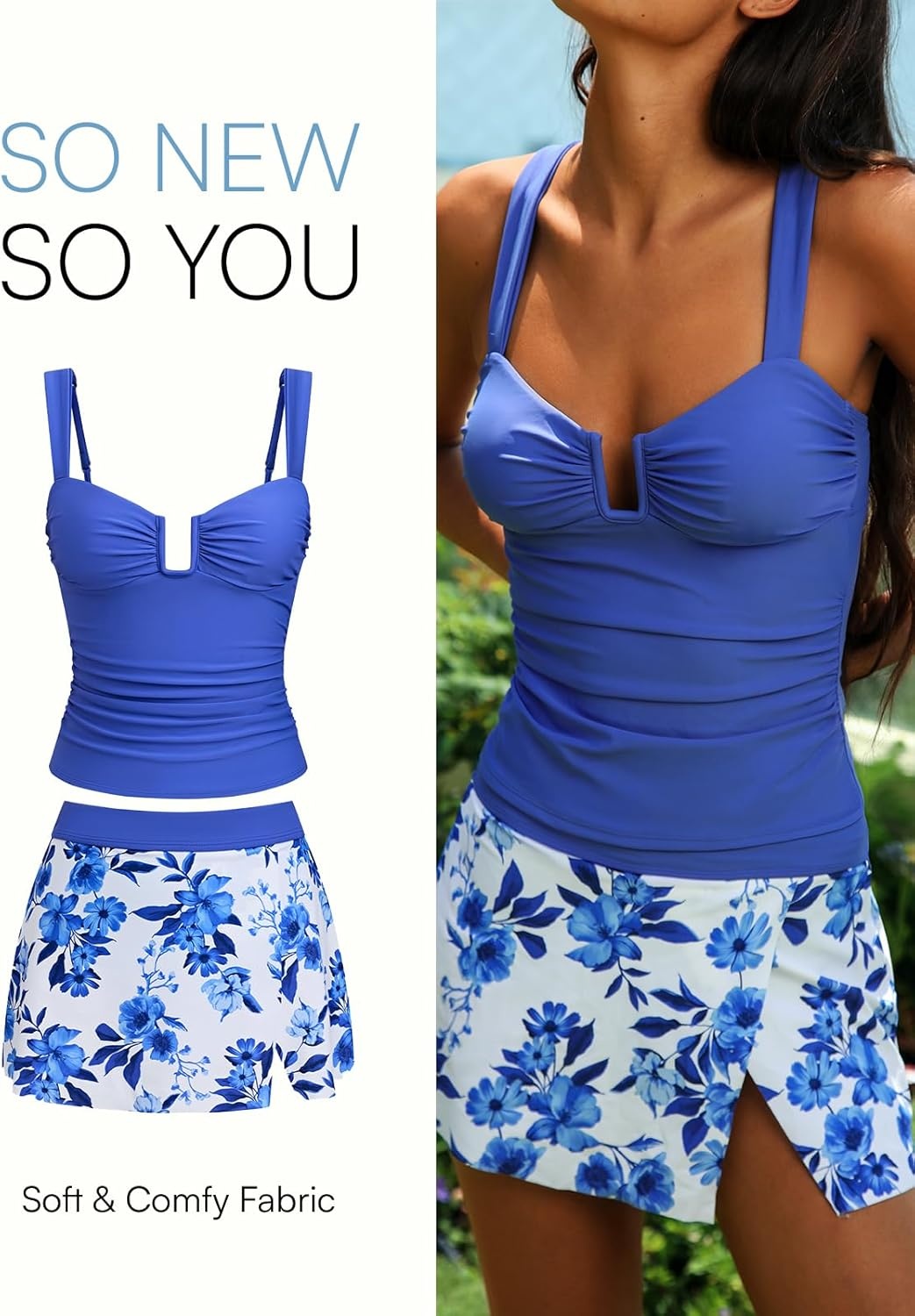 image:imageCUPSHE Womens Tankini Sets Swimsuit with Skirt Ruched Tummy Control Two Piece Bathing Suit Mid Rise SwimwearBlueFloral
