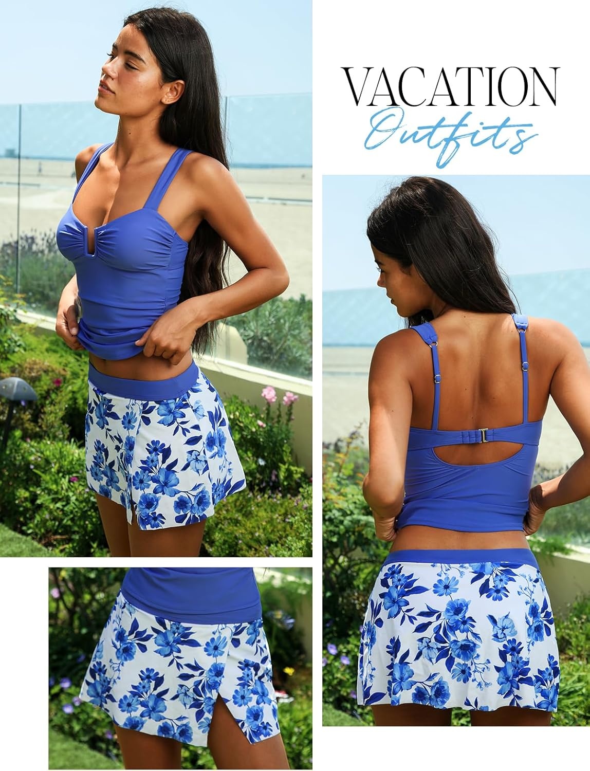 image:imageCUPSHE Womens Tankini Sets Swimsuit with Skirt Ruched Tummy Control Two Piece Bathing Suit Mid Rise SwimwearBlueFloral
