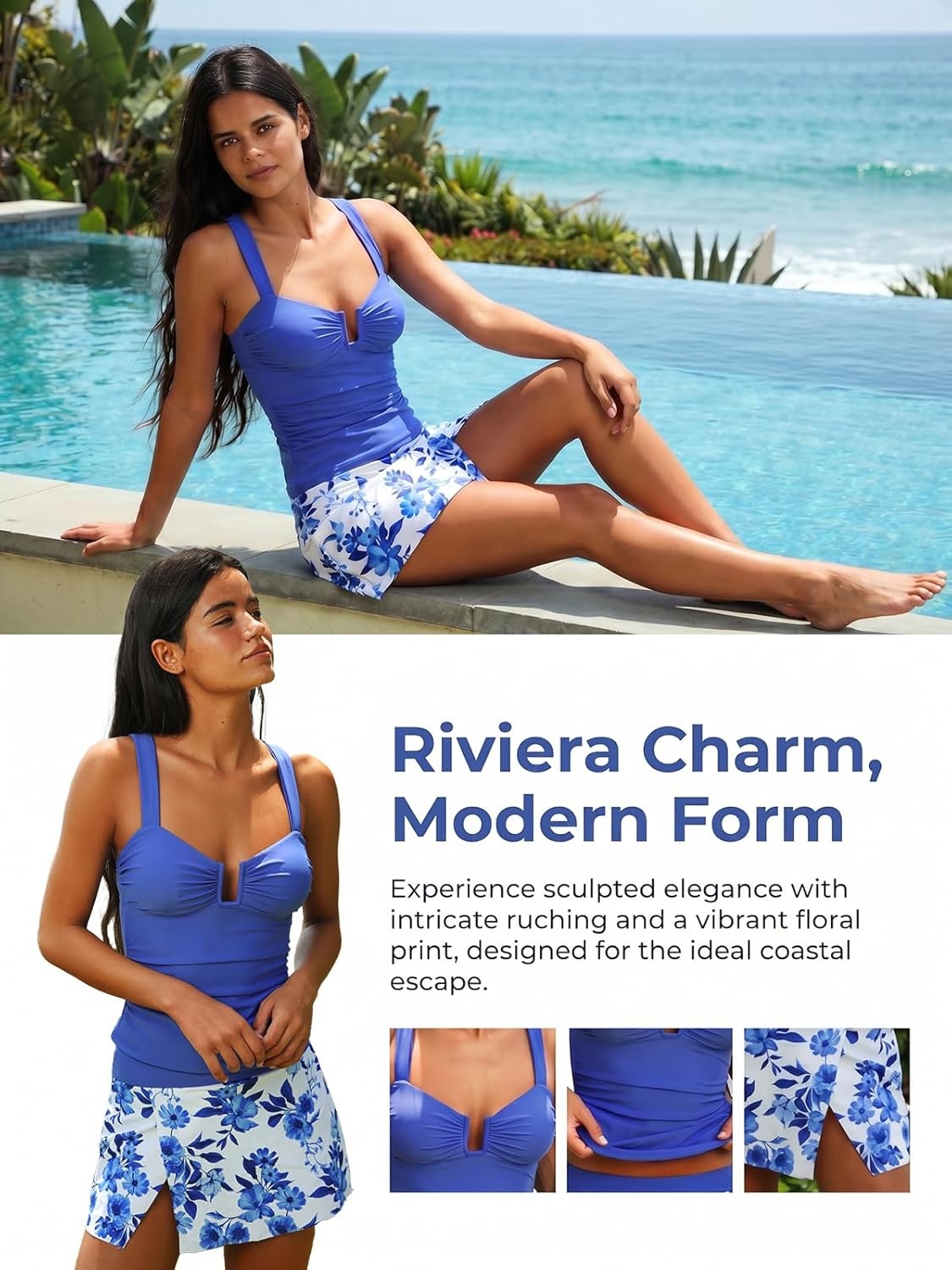 image:imageCUPSHE Womens Tankini Sets Swimsuit with Skirt Ruched Tummy Control Two Piece Bathing Suit Mid Rise SwimwearBlueFloral