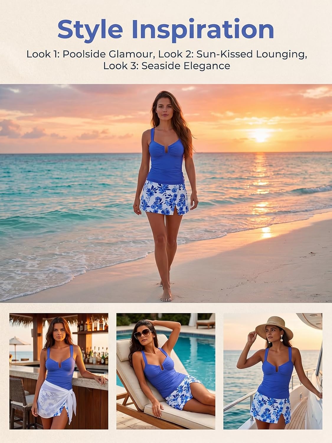image:imageCUPSHE Womens Tankini Sets Swimsuit with Skirt Ruched Tummy Control Two Piece Bathing Suit Mid Rise SwimwearBlueFloral