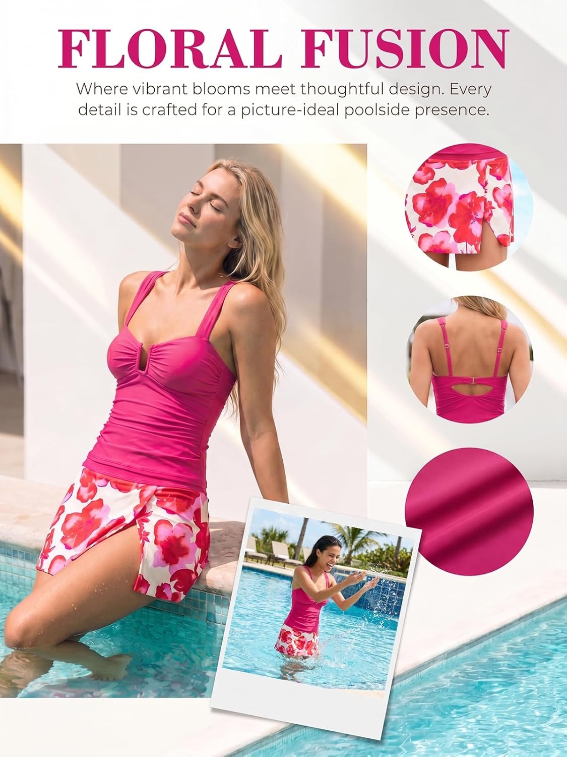 image:imageCUPSHE Womens Tankini Sets Swimsuit with Skirt Ruched Tummy Control Two Piece Bathing Suit Mid Rise SwimwearCherry RedFloral