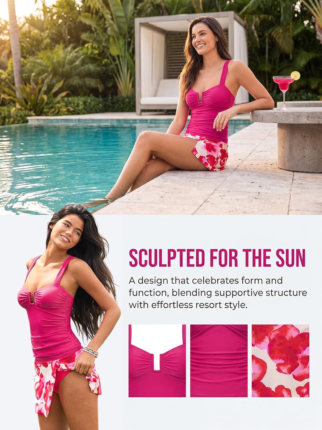 image:imageCUPSHE Womens Tankini Sets Swimsuit with Skirt Ruched Tummy Control Two Piece Bathing Suit Mid Rise SwimwearCherry RedFloral
