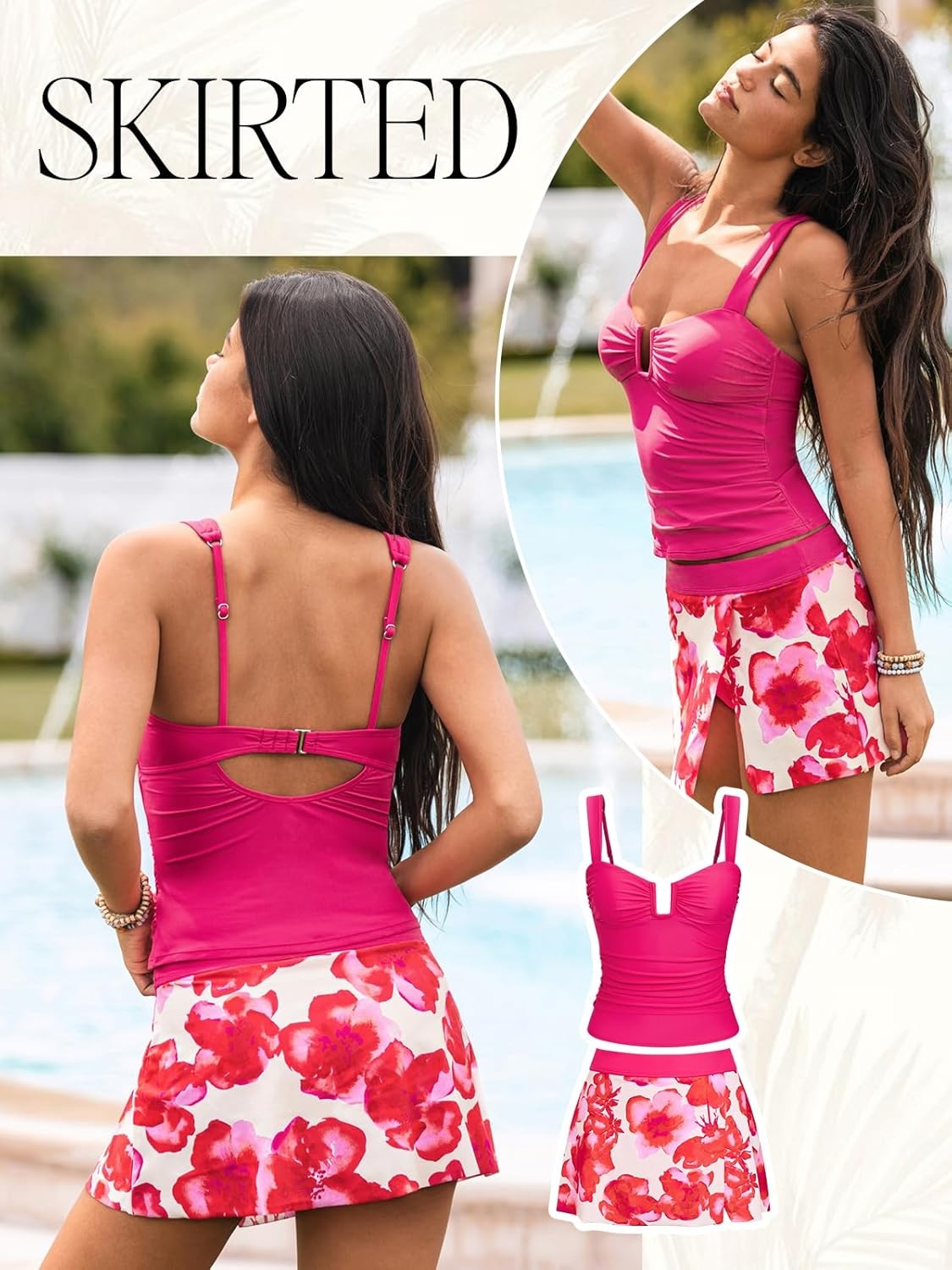 image:imageCUPSHE Womens Tankini Sets Swimsuit with Skirt Ruched Tummy Control Two Piece Bathing Suit Mid Rise SwimwearCherry RedFloral