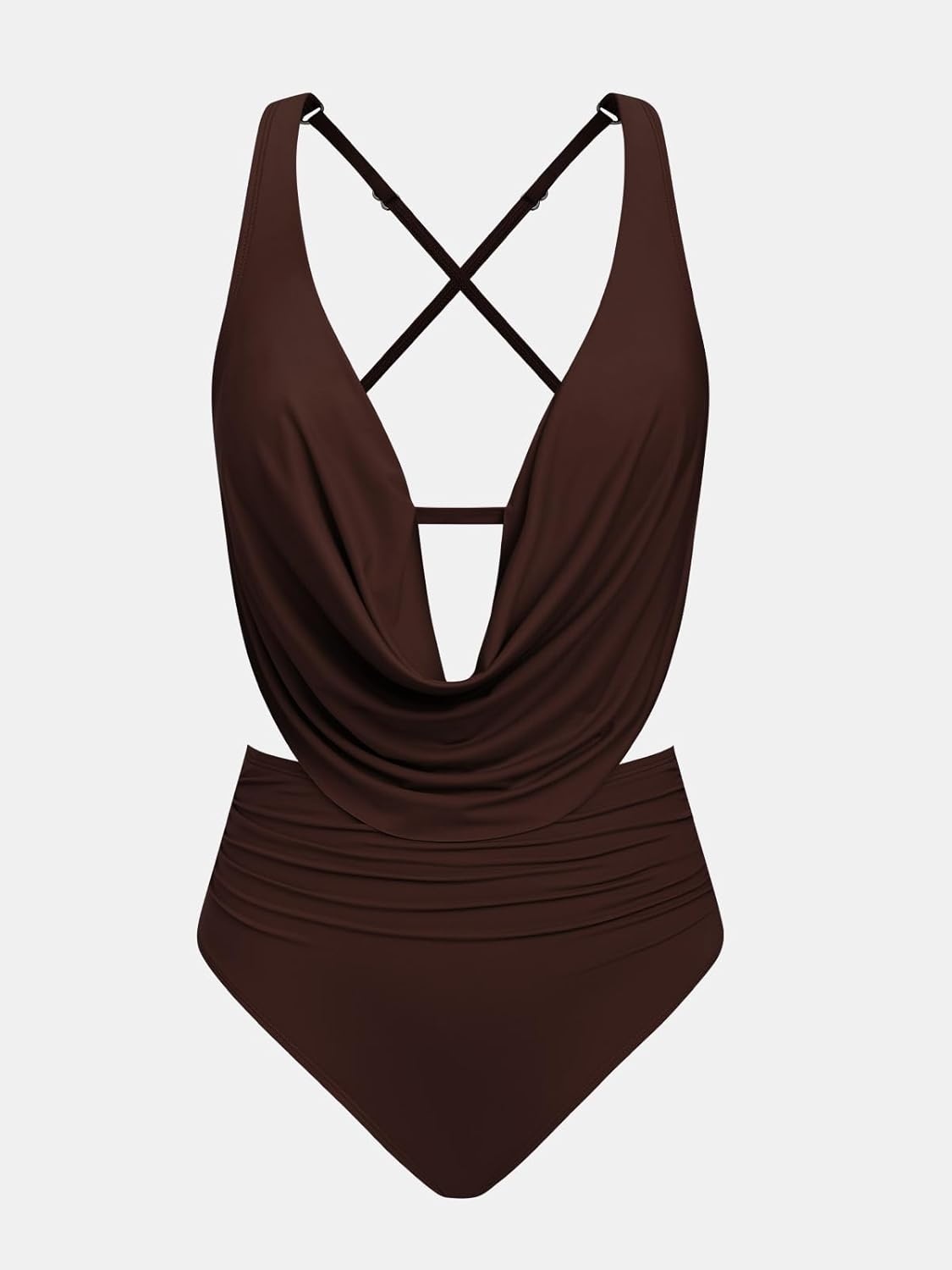 image:imageCUPSHE Womens Two Piece Bikini Sets High Waisted Deep V Cowl Neck Ruching Crisscross Back Hook Adjustable StrapsChocolate Brown