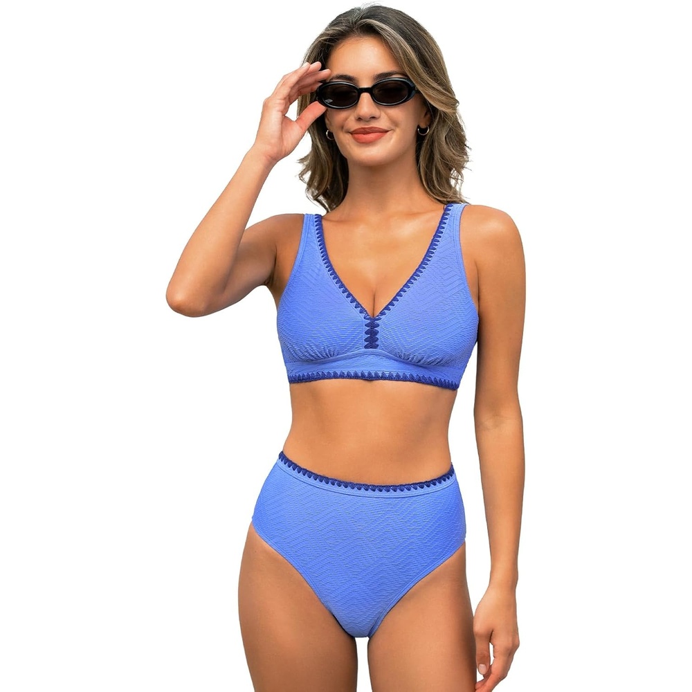 image:imageCUPSHE Two Piece Swimsuit for Women Bikini Set V Neck High Waisted Textured Stitched Adjustable Straps Bathing SuitsPeriwinkle Blue