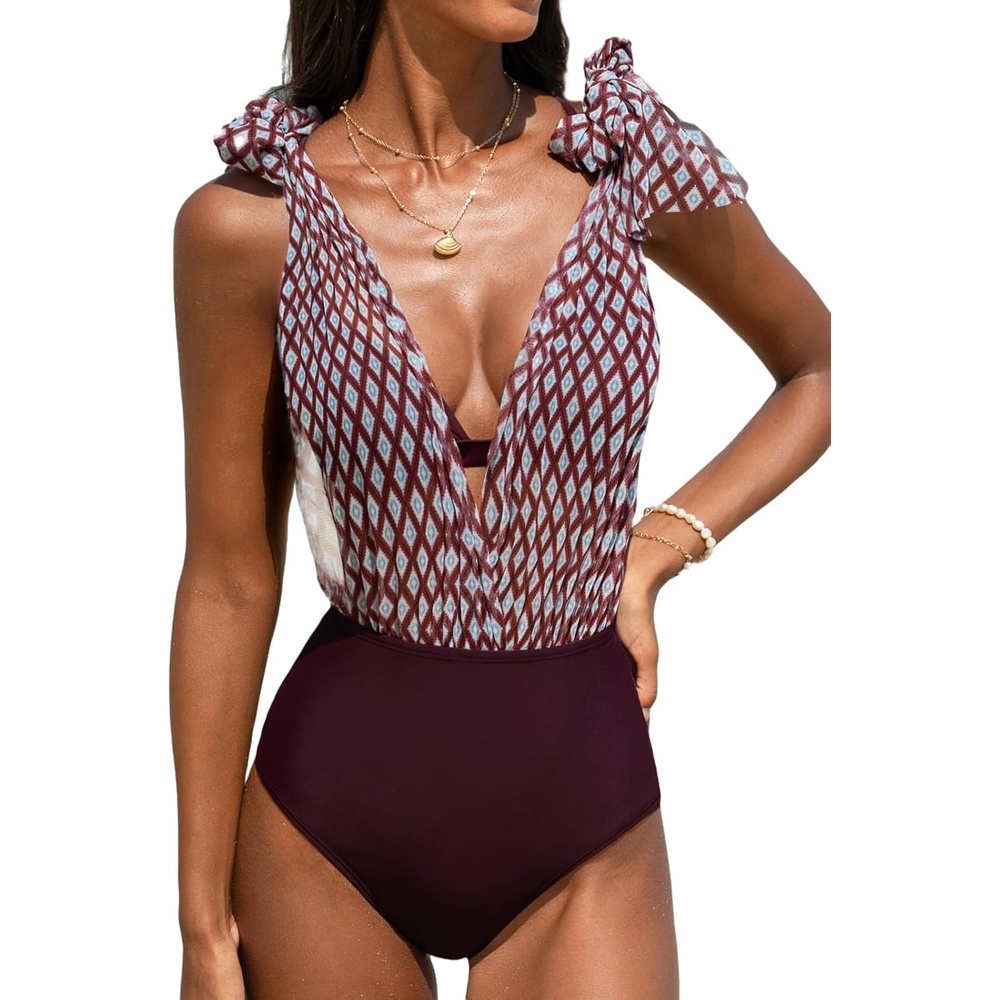 image:imageCUPSHE Womens Bikini Set High Waisted Tummy Control Swimsuit Modest Full Coverage Bathing Suit Crisscross Self TiePurple Red