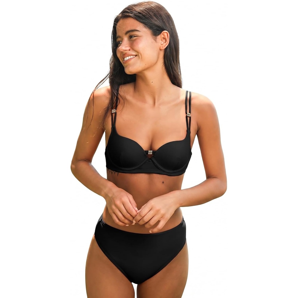 image:imageCUPSHE Womens Bikini Set High Waisted Two Piece Swimsuit Push Up Bathing Suit Back Hook Adjustable StrapsBlack