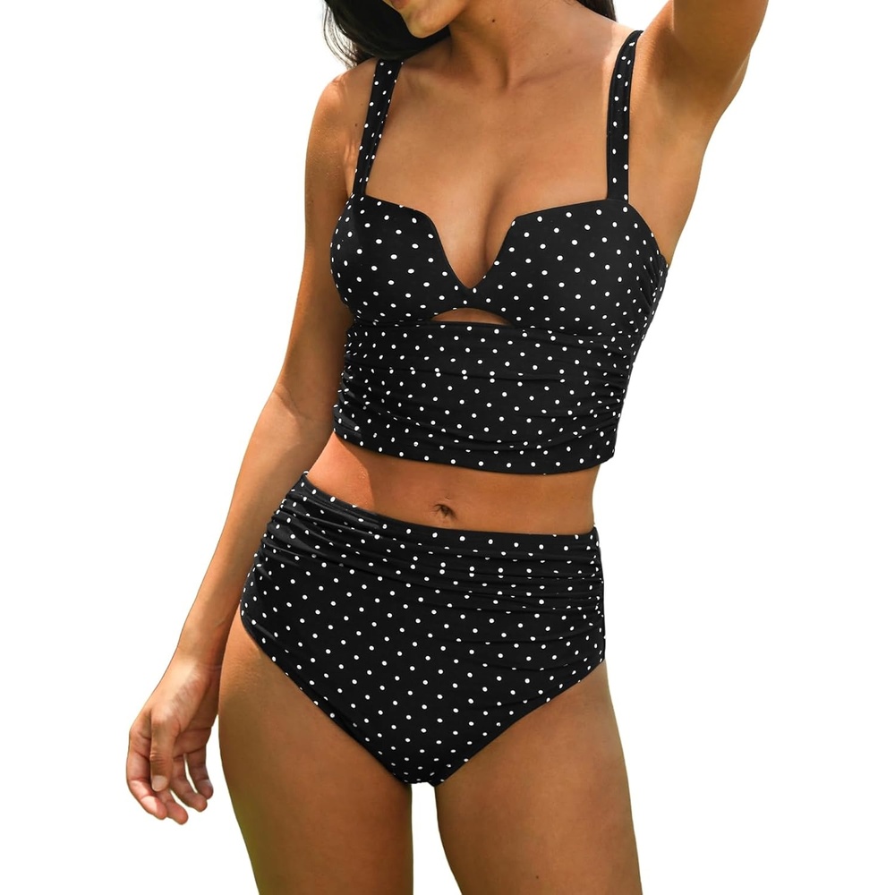 image:imageCUPSHE Womens Tankini Swimsuits High Waisted Two Piece Bathing Suit Cutout Full Coverage Ruched MidikiniBlackPolka Dot