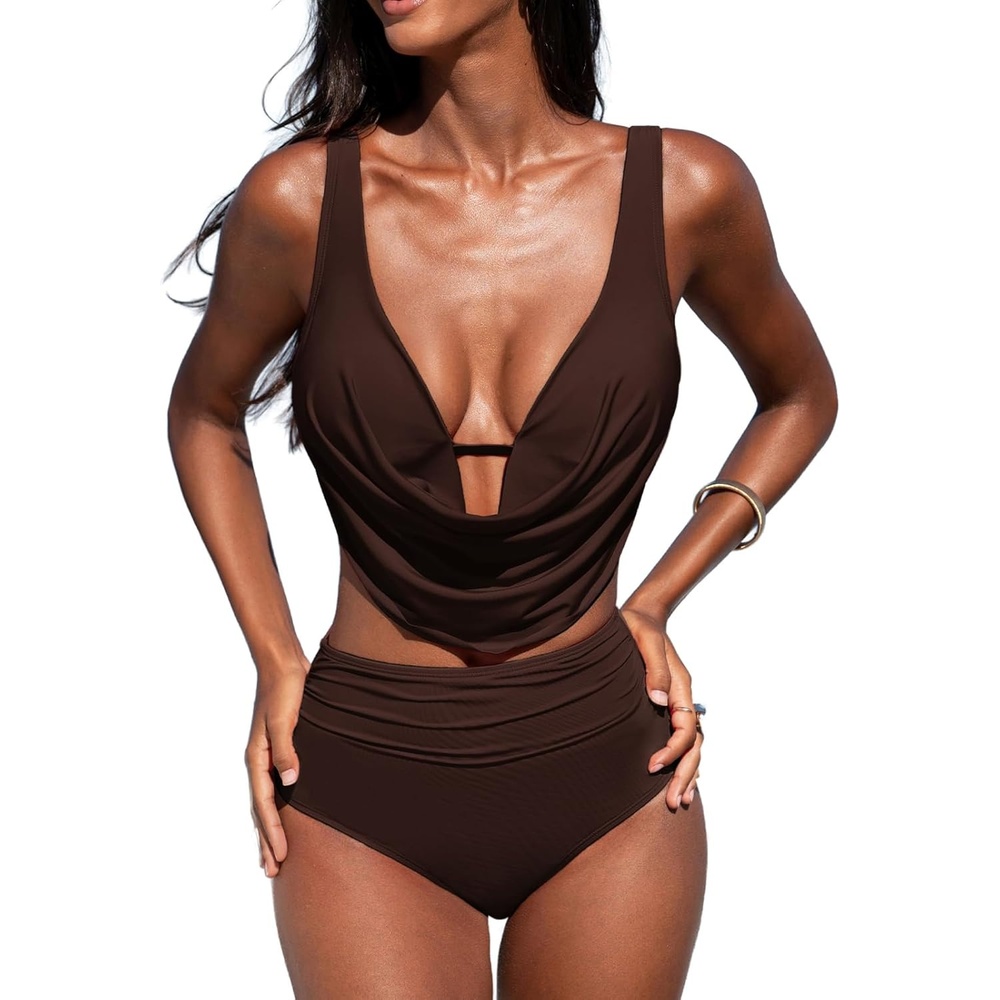 image:imageCUPSHE Womens Two Piece Bikini Sets High Waisted Deep V Cowl Neck Ruching Crisscross Back Hook Adjustable StrapsChocolate Brown