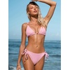 CUPSHE Two Piece Swimsuit Women V Neck Triangle Texture Bikini Set Low Rise Back Cross Self Tie Cheeky Suit(Pink)
