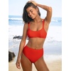 CUPSHE Two Piece Swimsuit for Women Bikini Set High Waist Scoop Neck Adjustable Straps Textured Bathing Suits(Orange Red)