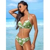 CUPSHE Two Piece Swimsuit for Women V Neck Halter Lace Up Bikini Set Ruched Mid Rise Back Hook Swimwear(Green Floral)