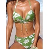 CUPSHE Two Piece Swimsuit for Women V Neck Halter Lace Up Bikini Set Ruched Mid Rise Back Hook Swimwear(Green Floral)