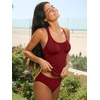 CUPSHE Women Tankini Set Two Piece Swimsuit Mid Rise Scoop Neck Ruched Back Cross Tie Swimwear(Brick Red)