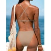 CUPSHE Women’s Bikini Set Two Piece Swimsuit Low Rise Bathing Suit V Neck Crossback Straps Shell Stitch Swimwear(Taupe/Cream White)